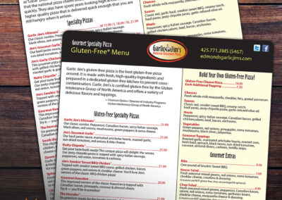 Gourmet Pizza Menu Design by Giant Punch for Garlic Jim's - Gluten-Free Options Included