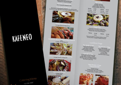 Mediterranean catering menu showcasing divine dishes inspired by the Odyssey, creatively designed by Giant Punch for Kafé Neo.