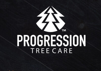 A close-up view of Progression Tree Care's striking logo: two lightning bolts encircling a majestic evergreen tree.