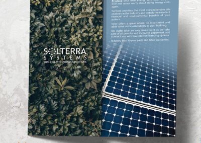 Trifold design showcasing Solterra Systems' commitment to sustainability with New Leaf Paper and UV spot varnish.