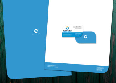 Coastal Branding Package for Edmonds Chamber of Commerce, letterhead and business card with rounded corners and calming blue hues, artfully crafted by Giant Punch.