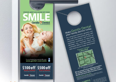 A creatively designed door hanger for Gentle Dental, showcasing the practice's commitment to accessible, family-friendly dental care.