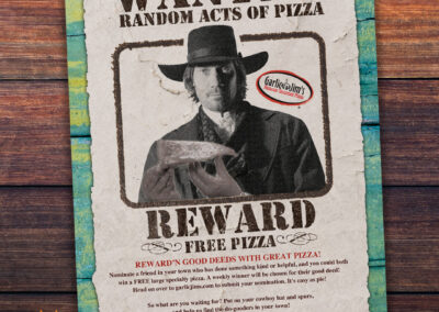 A cowboy joyfully savoring a slice of Garlic Jim's Famous Gourmet Pizza on a wanted poster