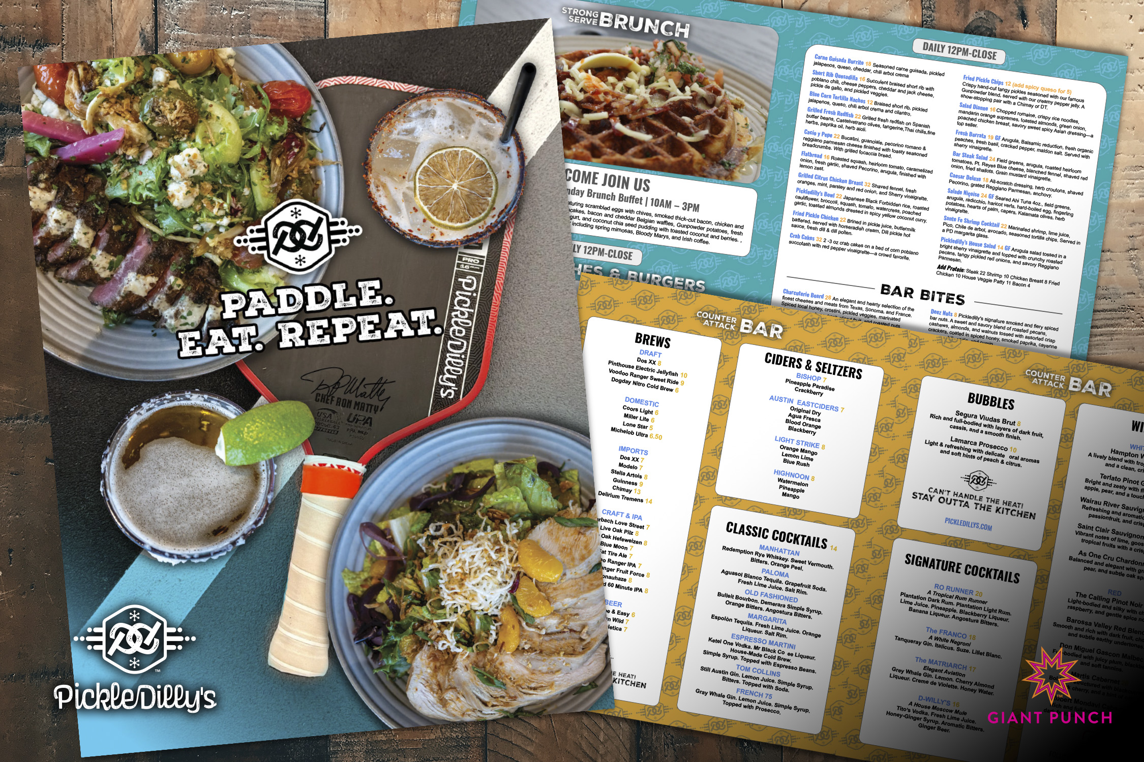 Custom restaurant and bar menu design with logo, featuring cohesive branding, typography, and layout for a modern dining experience.